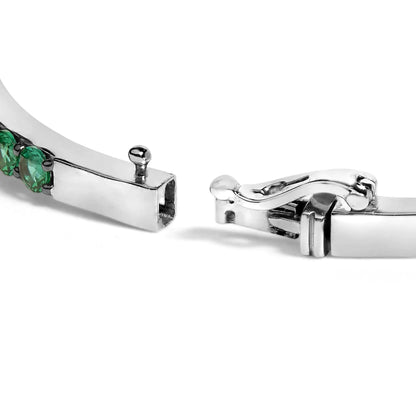 .925 Sterling Silver Created Sapphire and Emerald Semi Eternity Bangle Bracelet - 7" Inches