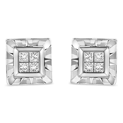 .925 Sterling Silver 1/6 Cttw Invisible Set Princess-Cut Diamond Quad Composite Stud Earrings (H-I Color, I1-I2 Clarity)