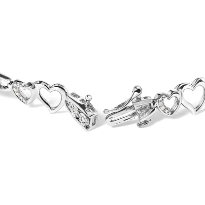 925 Sterling Silver 1/5 Cttw Diamond Double Heart Link Bracelet (I-J Color, I3 Clarity) - 7.25" Inches