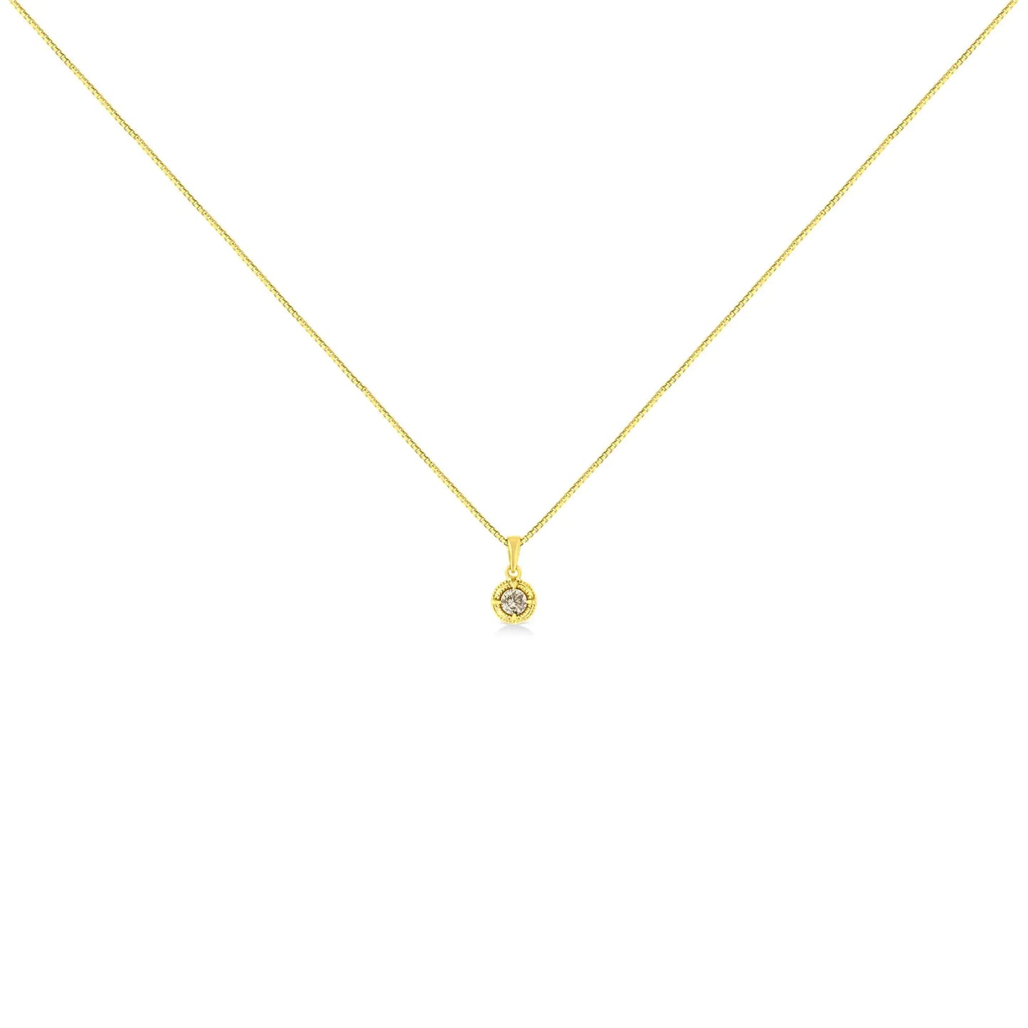 14K Yellow Gold Plated .925 Sterling Silver Brilliant Round Cut Diamond Solitaire Milgrain 18" Pendant Necklace