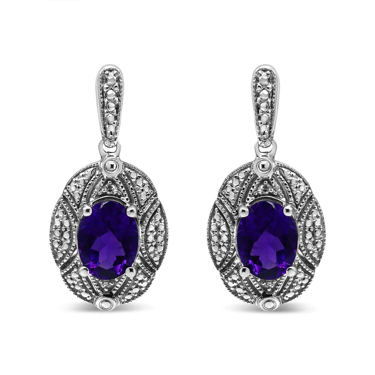 .925 Sterling Silver Diamond Accent and 8x6mm Purple Oval Amethyst Stud Earrings (I-J Color, I1-I2 Clarity)