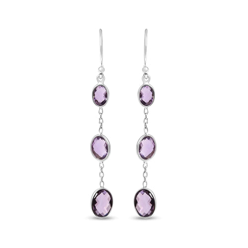 .925 Sterling Silver Checkerboard Cut Oval Purple Amethyst 2" Inch Drop and Dangle Earrings