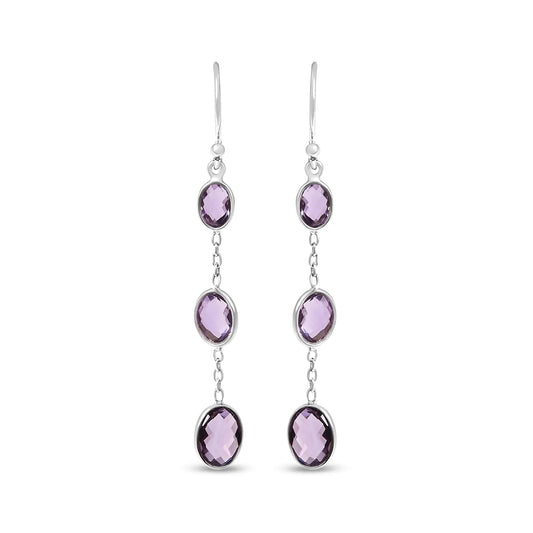 .925 Sterling Silver Checkerboard Cut Oval Purple Amethyst 2" Inch Drop and Dangle Earrings