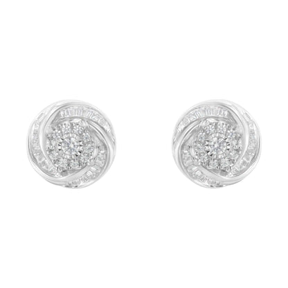 .925 Sterling Silver 3/4 Cttw Round and Baguette-Cut Diamond Love Knot Stud Earring (I-J Color, I2-I3 Clarity)