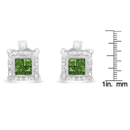Sterling Silver Color Treated Princess Diamond Quad Stud Earring (1/2 cttw, Green Color, I1-I2 Clarity)