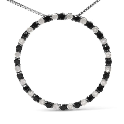 .925 Sterling Silver 1.0 Cttw Alternating Black and White Diamond Open Hoop Circle Pendant Necklace - 18" Inches