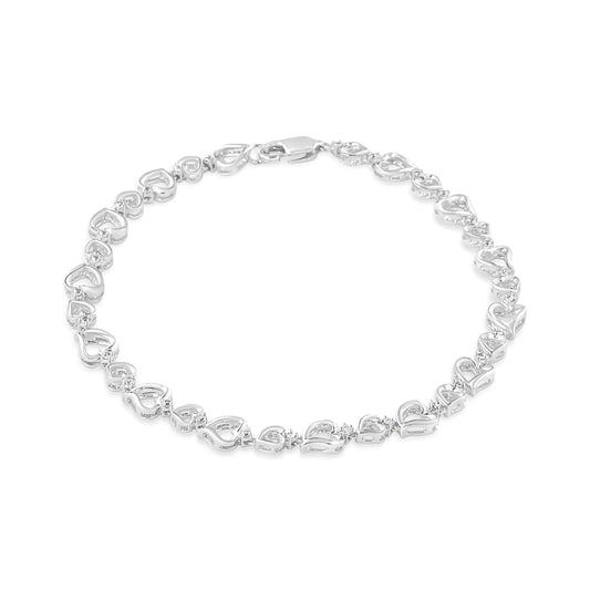 .925 Sterling Silver Prong Set Diamond Accent Alternating Heart Link Bracelet (I-J Color, I3 Clarity) - 7.25" Inches