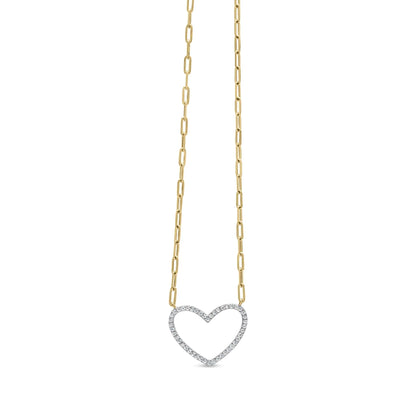 14K Yellow Gold Plated .925 Sterling Silver 1/4 Cttw Diamond Open Heart with Paperclip Chain Pendant Necklace (I-J Color, I2-I3 Clarity) - 18" Inches
