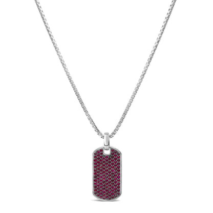 Men's .925 Sterling Silver Created Red Ruby Dog Tag Pendant Necklace - 22" Inches