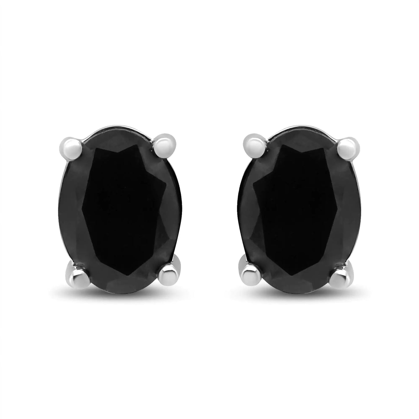 .925 Sterling Silver Prong Set Treated Black Oval Diamond Stud Earring (Black Color, I2-I3 Clarity)