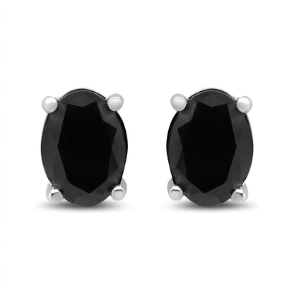 .925 Sterling Silver Prong Set Treated Black Oval Diamond Stud Earring (Black Color, I2-I3 Clarity)
