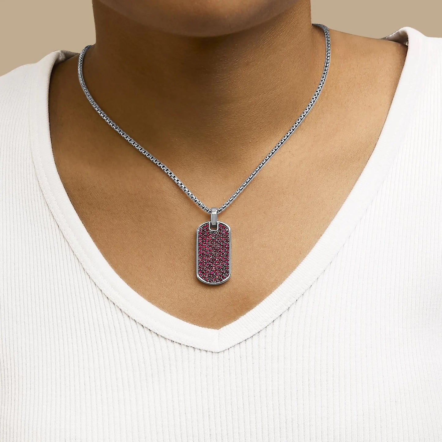 Men's .925 Sterling Silver Created Red Ruby Dog Tag Pendant Necklace - 22" Inches