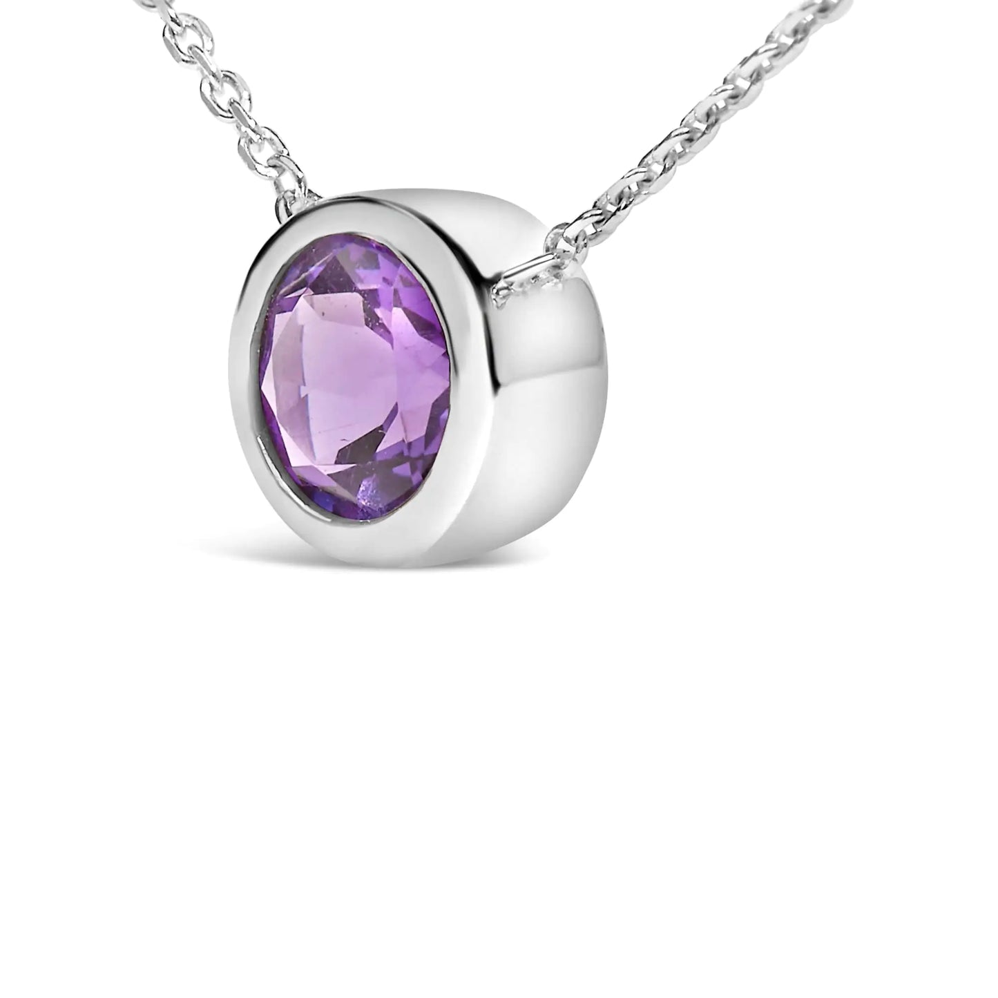 .925 Sterling Silver 7MM Bezel Set Created Purple Amethyst Pendant Necklace - 18" Inches