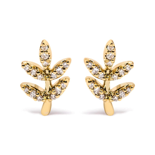 10K Yellow Gold 1/10 Cttw Diamond Accented Leaf and Branch Stud Earrings (H-I Color, I1-I2 Clarity)