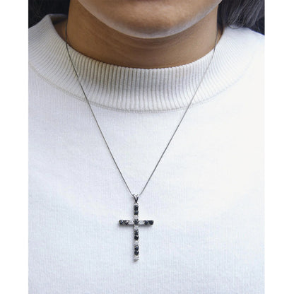 .925 Sterling Silver 2.0 Cttw Prong Set Round Natural Treated Black and White Diamond Cross Pendant Necklace - 18" (Black/H-I Color, I3 Clarity)