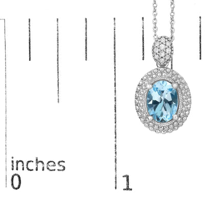 .925 Sterling Silver Oval Blue Topaz and Diamond Accent with Beaded Halo Pendant Necklace - 18" Inches
