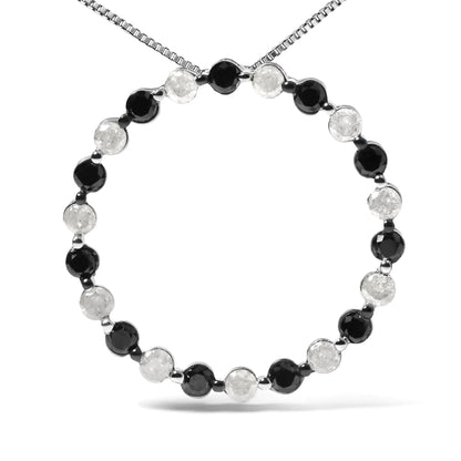.925 Sterling Silver 1 3/4 Cttw Alternating Black and White Diamond Open Circle Hoop Pendant Necklace (H-I Color, I2-I3 Clarity) - 18" Inches