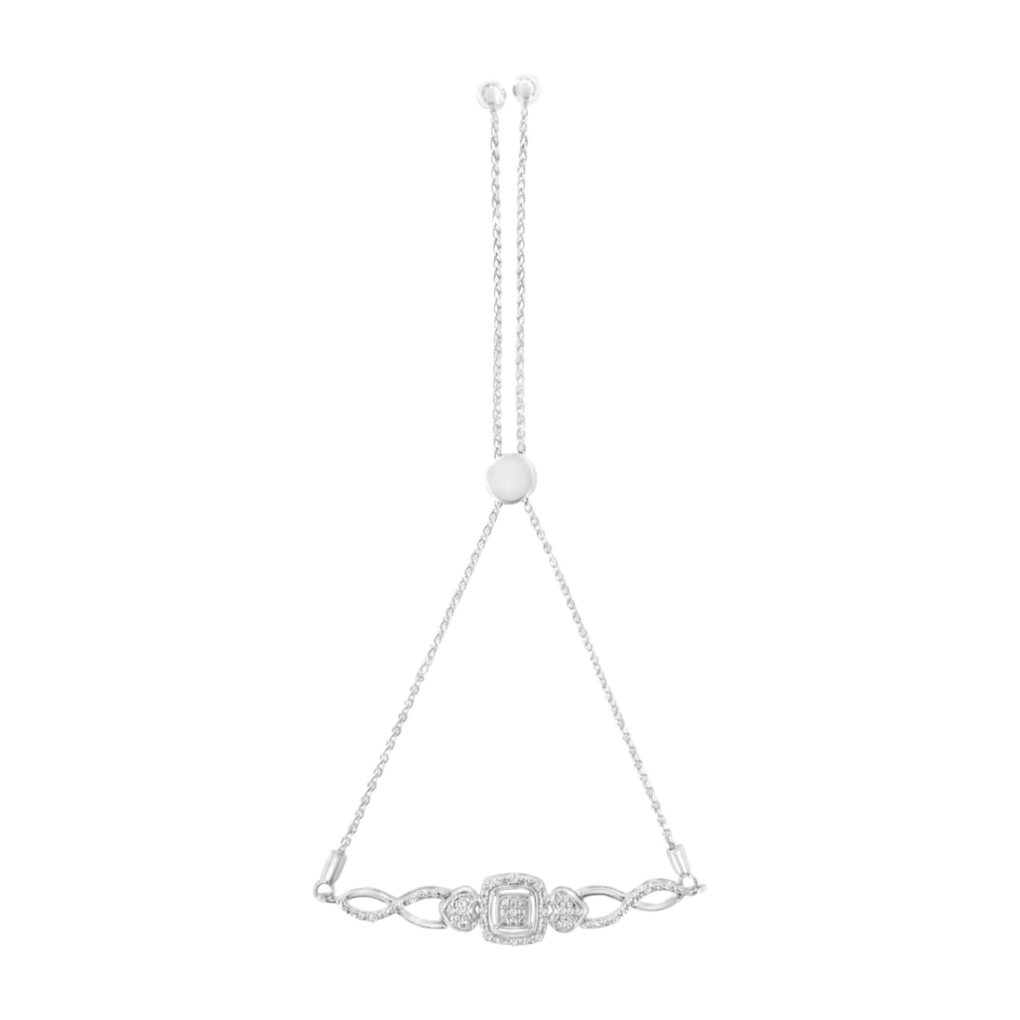 .925 Sterling Silver Diamond Cushion Frame Heart-Sides Twist 4”-10” Adjustable Bolo Tennis Bolo Bracelet (I-J Color, I3 Clarity)