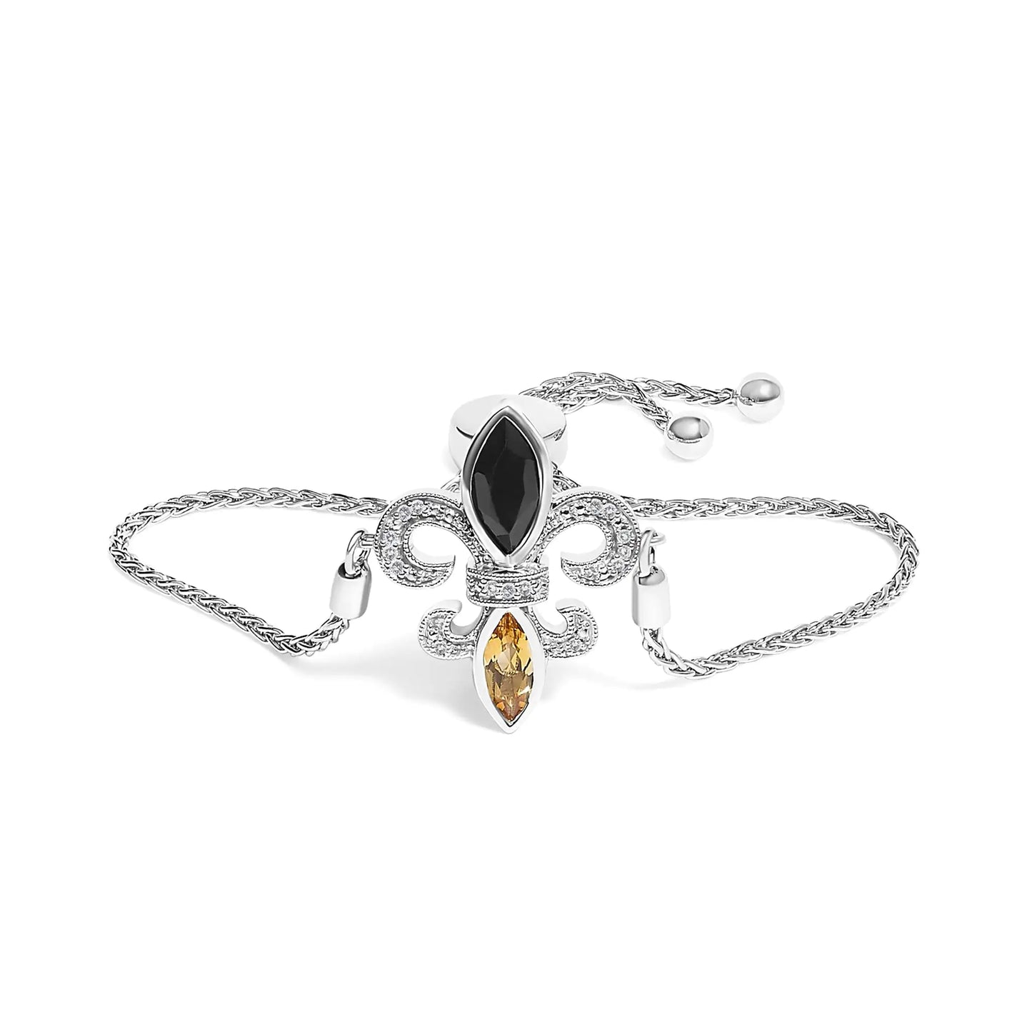 .925 Sterling Silver Marquise Black Onyx, Orange Citrine, and Diamond Accent Lariat 4”-10” Fleur De Lis Adjustable Bolo Bracelet (I-J Color, I1-I2 Clarity) - 7"