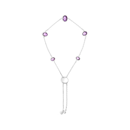 .925 Sterling Silver Bezel Set Purple Amethyst 5 Station Adjustable Bolo Bracelet