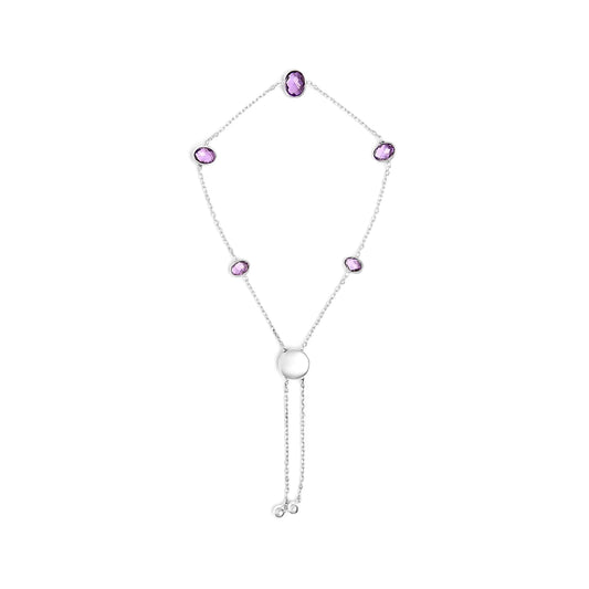 .925 Sterling Silver Bezel Set Purple Amethyst 5 Station Adjustable Bolo Bracelet
