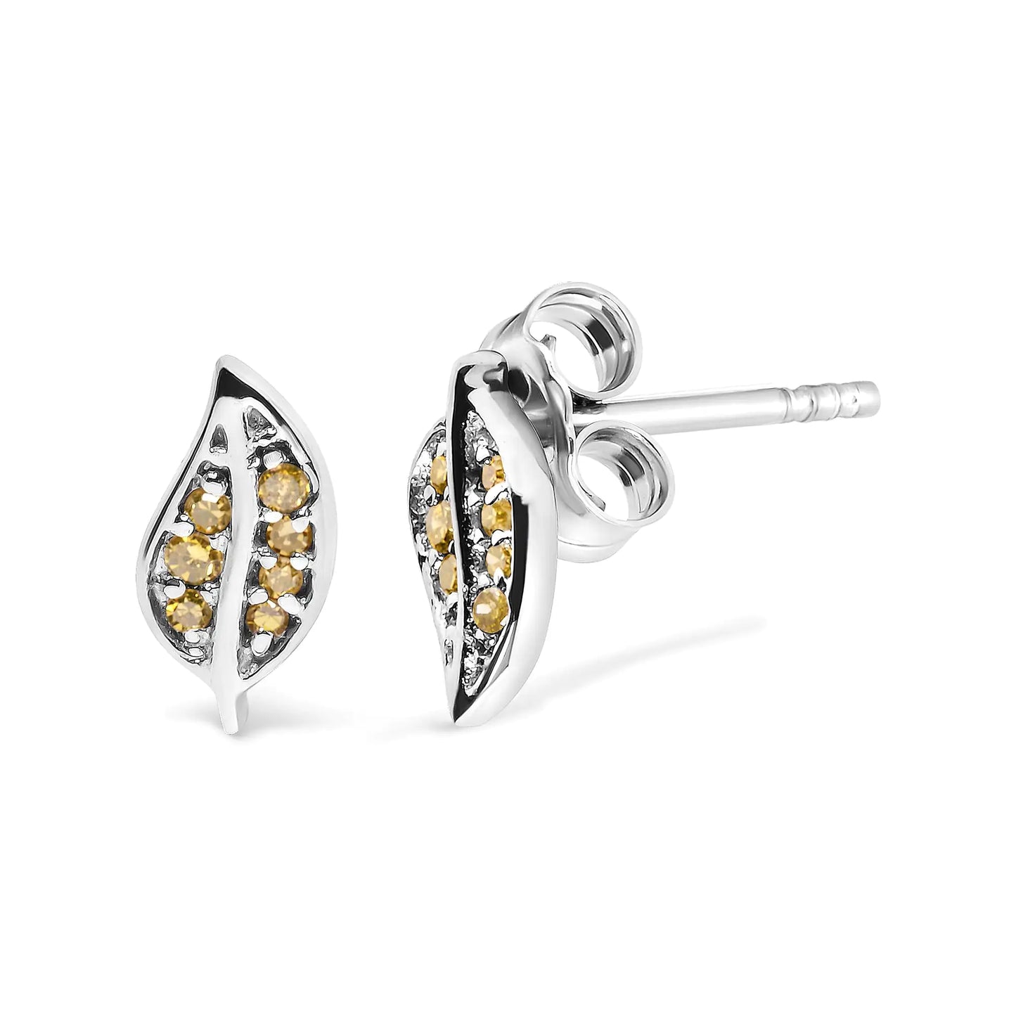 .925 Sterling Silver Yellow Diamond Accent Leaf Stud Earrings (Yellow Color, SI1-SI2 Clarity)