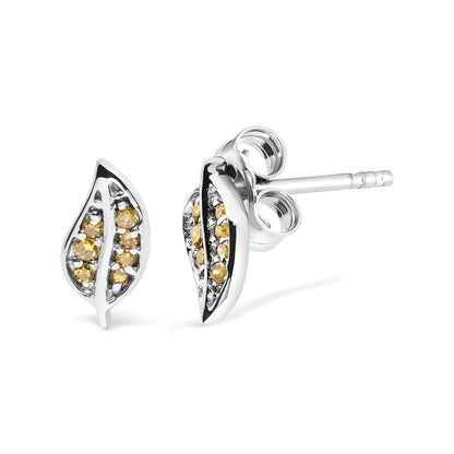 .925 Sterling Silver Yellow Diamond Accent Leaf Stud Earrings (Yellow Color, SI1-SI2 Clarity)