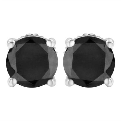 .925 Sterling Silver Round Brilliant-Cut Black Diamond Classic 4-Prong Stud Earrings with Screw Backs (Fancy Color-Enhanced, I2-I3 Clarity)