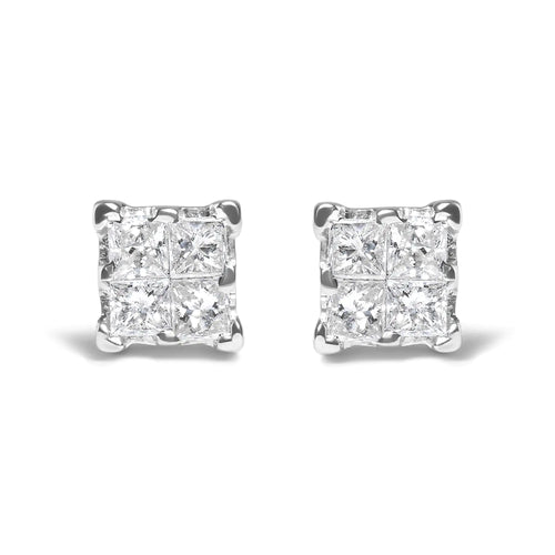 .925 Sterling Silver 1/4 Cttw Invisible Set Princess Diamond Composite Quad Stud Earrings (I-J Color, I1-I2 Clarity)