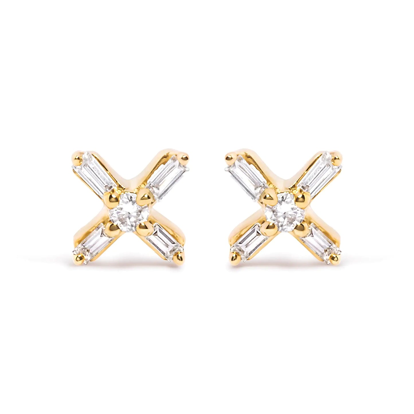 10K Yellow Gold 1/10 Cttw Round and Baguette Diamond Criss Cross X Stud Earring (H-I Color, I1-I2 Clarity)