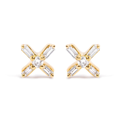 10K Yellow Gold 1/10 Cttw Round and Baguette Diamond Criss Cross X Stud Earring (H-I Color, I1-I2 Clarity)