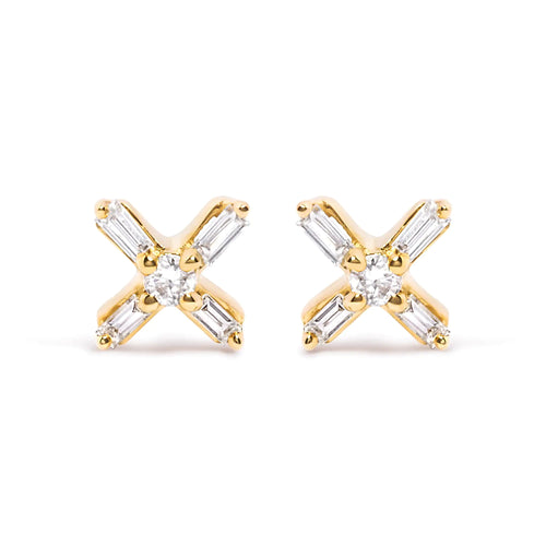 10K Yellow Gold 1/10 Cttw Round and Baguette Diamond Criss Cross X Stud Earring (H-I Color, I1-I2 Clarity)