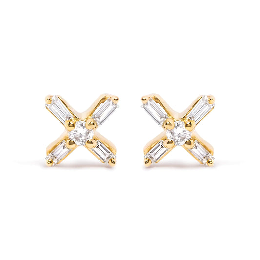 10K Yellow Gold 1/10 Cttw Round and Baguette Diamond Criss Cross X Stud Earring (H-I Color, I1-I2 Clarity)