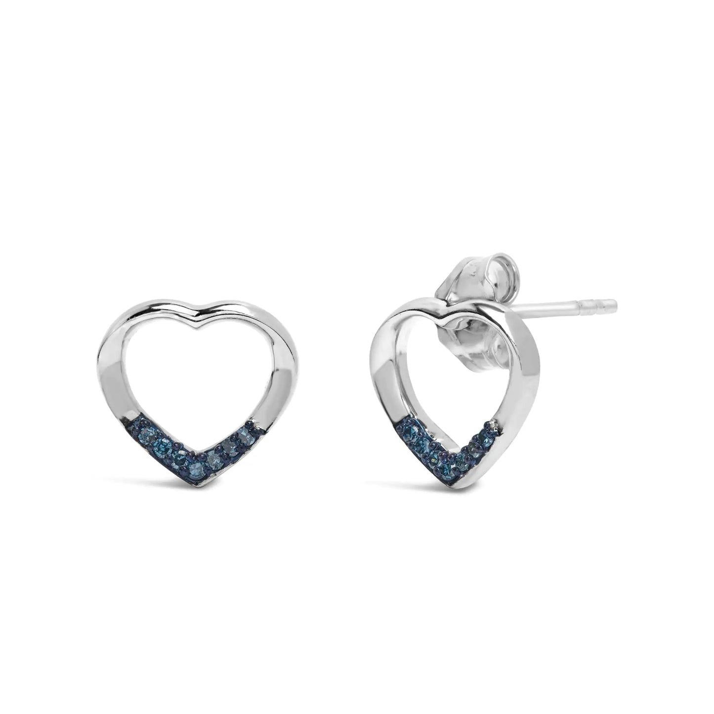 .925 Sterling Silver Blue Diamond Accent Open Heart Stud Earrings (Blue Color, SI1-SI2 Clarity)