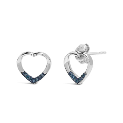 .925 Sterling Silver Blue Diamond Accent Open Heart Stud Earrings (Blue Color, SI1-SI2 Clarity)