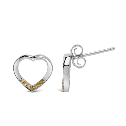 .925 Sterling Silver Yellow Diamond Accent Open Heart Stud Earrings (Yellow Color, SI1-SI2 Clarity)