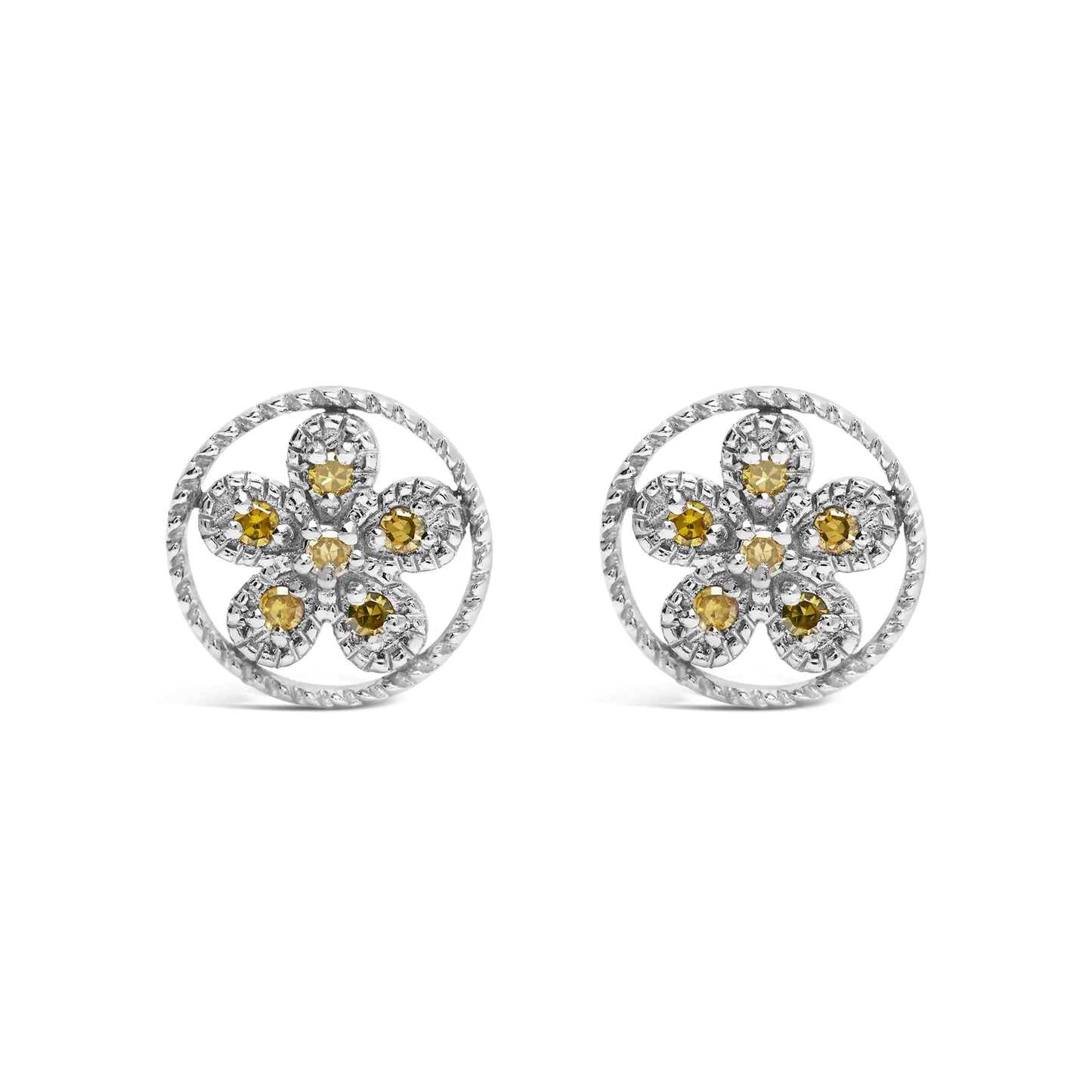 .925 Sterling Silver Yellow Diamond Accent Star and Wheel Milgrain Style Stud Earrings (Yellow Color, I2-I3 Clarity)