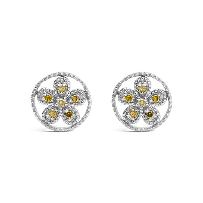 .925 Sterling Silver Yellow Diamond Accent Star and Wheel Milgrain Style Stud Earrings (Yellow Color, I2-I3 Clarity)