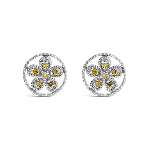.925 Sterling Silver Yellow Diamond Accent Star and Wheel Milgrain Style Stud Earrings (Yellow Color, I2-I3 Clarity)