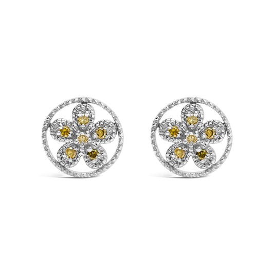 .925 Sterling Silver Yellow Diamond Accent Star and Wheel Milgrain Style Stud Earrings (Yellow Color, I2-I3 Clarity)