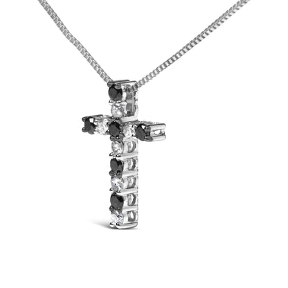 .925 Sterling Silver 1/2 Cttw Alternating Black and White Diamond Cross Pendant Necklace  (Treated Black and H-I Color, I3 Clarity) - 18"