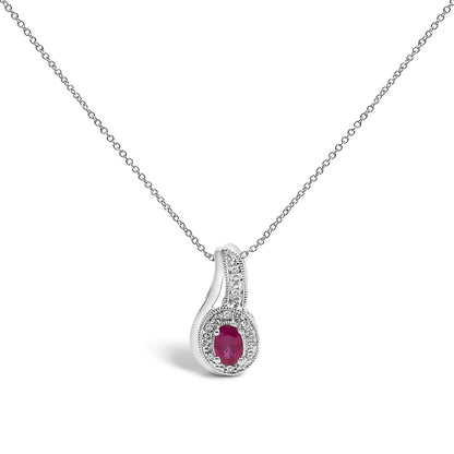 .925 Sterling Silver Red Ruby and Diamond Accent Milgrain Swirl Pendant Necklace - 18" Inches
