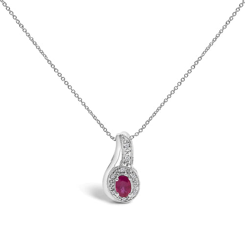 .925 Sterling Silver Red Ruby and Diamond Accent Milgrain Swirl Pendant Necklace - 18" Inches