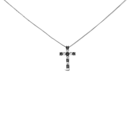 .925 Sterling Silver 1/2 Cttw Alternating Black and White Diamond Cross Pendant Necklace  (Treated Black and H-I Color, I3 Clarity) - 18"