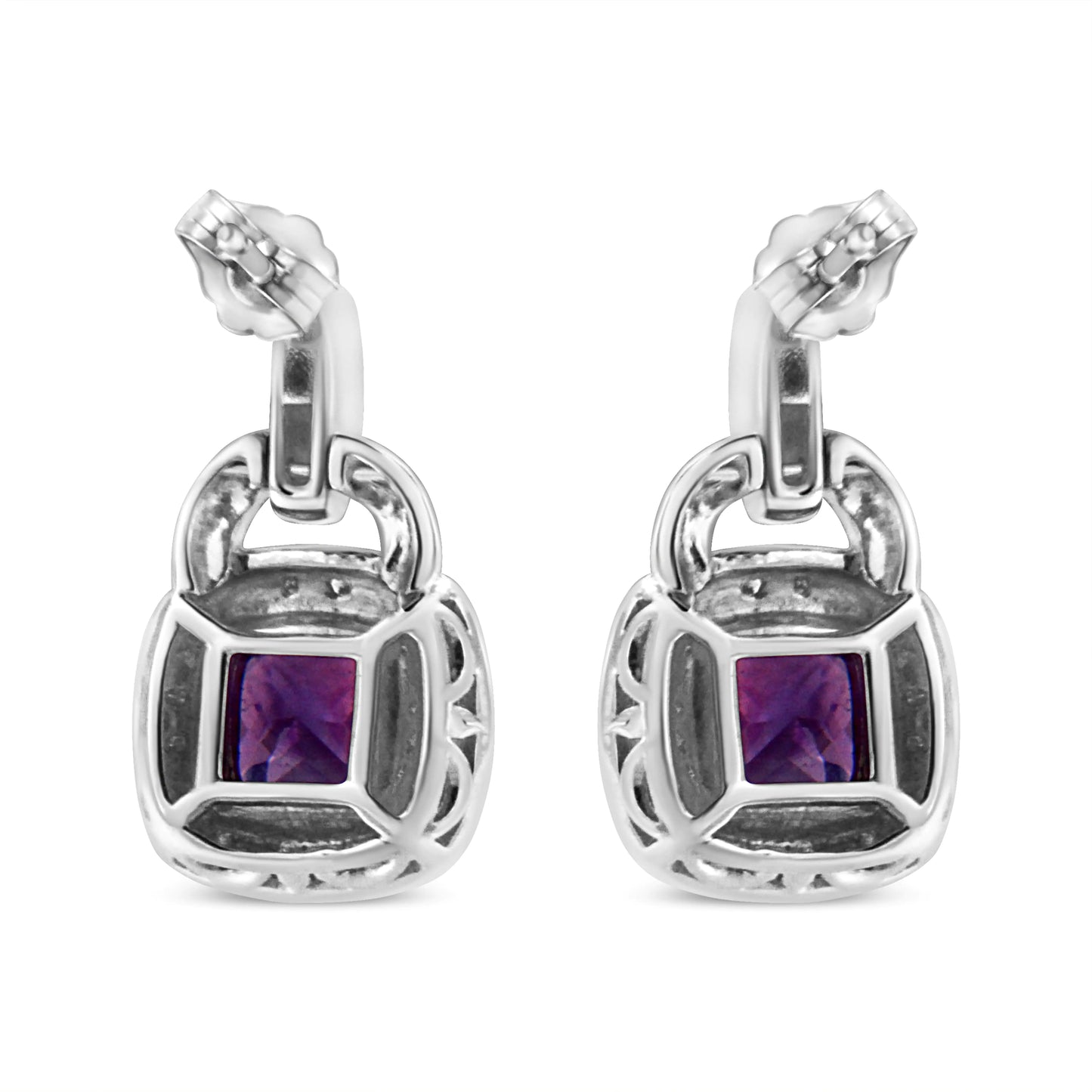 .925 Sterling Silver 8MM Natural Cushion Shaped Amethyst and Diamond Accent Halo with Push Back Dangle Earrings (I-J Color, I2-I3 Clarity)