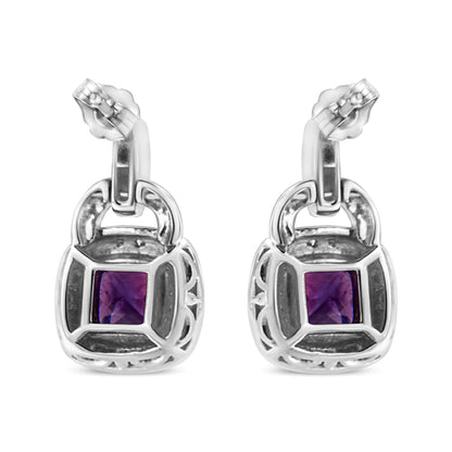 .925 Sterling Silver 8MM Natural Cushion Shaped Amethyst and Diamond Accent Halo with Push Back Dangle Earrings (I-J Color, I2-I3 Clarity)