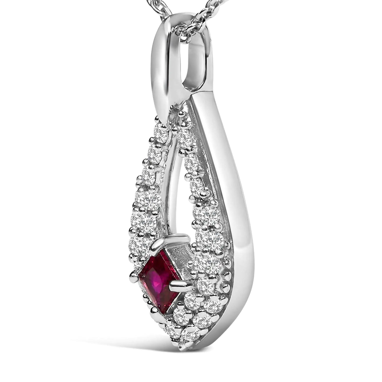 .925 Sterling Silver Created Red Ruby and White Sapphire Pear Shaped Pendant Necklace - 18" Inches