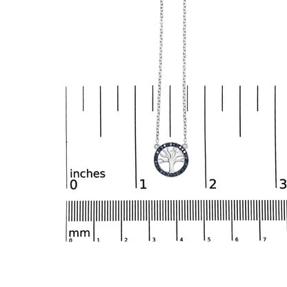 .925 Sterling Silver 1/6 Cttw Blue Diamond Tree of Life and Circle 18" Pendant Necklace (Blue Color, SI1-SI2 Clarity)