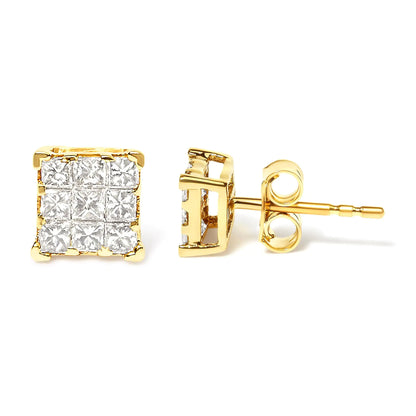 14K Yellow Gold 1/2 Cttw Invisible Set Princess-Cut Diamond 9 Stone Square Stud Earrings (J-K Color, SI2-I1 Clarity)