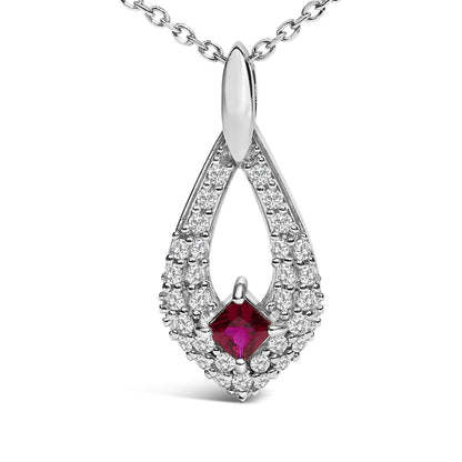 .925 Sterling Silver Created Red Ruby and White Sapphire Pear Shaped Pendant Necklace - 18" Inches